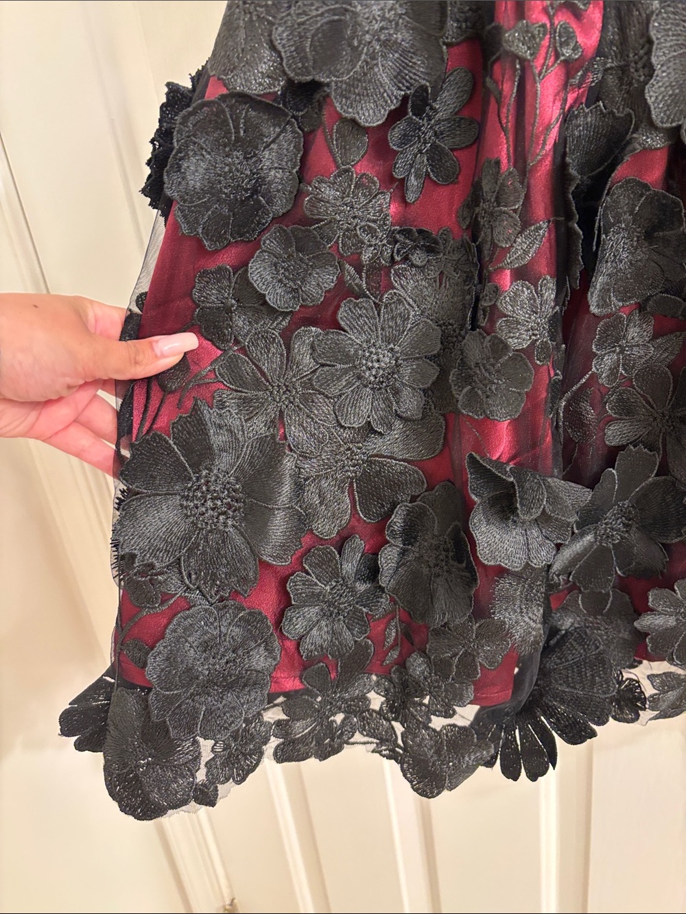 Sugar Thrillz Burgundy and Black Floral Appliqué Mini Dress - Picture 3 of 10